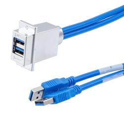 USB 3.0双层堆栈式耦合器线缆，ECF法兰面板安装型，2个A型母头至2个A型公头，镀铬屏蔽ABS外壳，1.5米的图片