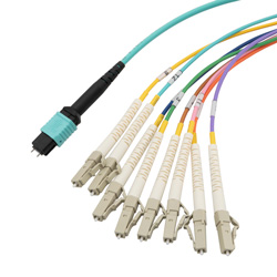 MPO带引脚插口到FLC扇出插口，8根光纤，OM4 50 / 125um多模，OFNR 光缆护套，水蓝色，0.5米的图片