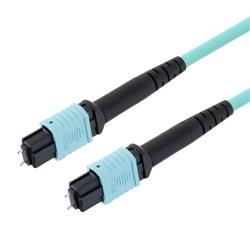 MPO w/ pins to MPO w/ pins, 24 Fiber Round, OM3 10G 50/125 Multimode, LSZH Jacket, Aqua, 3.0m的图片