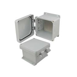 6×6×4英寸（15.2×15.2×10.2厘米）UL®认证NEMA-4X级防风雨接线盒，带铝制安装板和非金属合页连接结构的图片