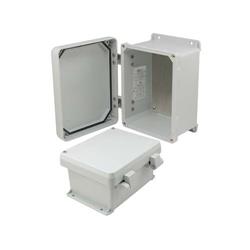 8×6×4英寸（20.3×15.2×10.2厘米）UL®认证NEMA-4X级防风雨接线盒，带铝制安装板和非金属合页连接结构的图片