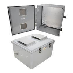 18x16x10 Polycarb Weatherproof NEMA 3R Encl, 120-240VAC Univ Outlet Mount Plate Vented Lid Dark Gray的图片